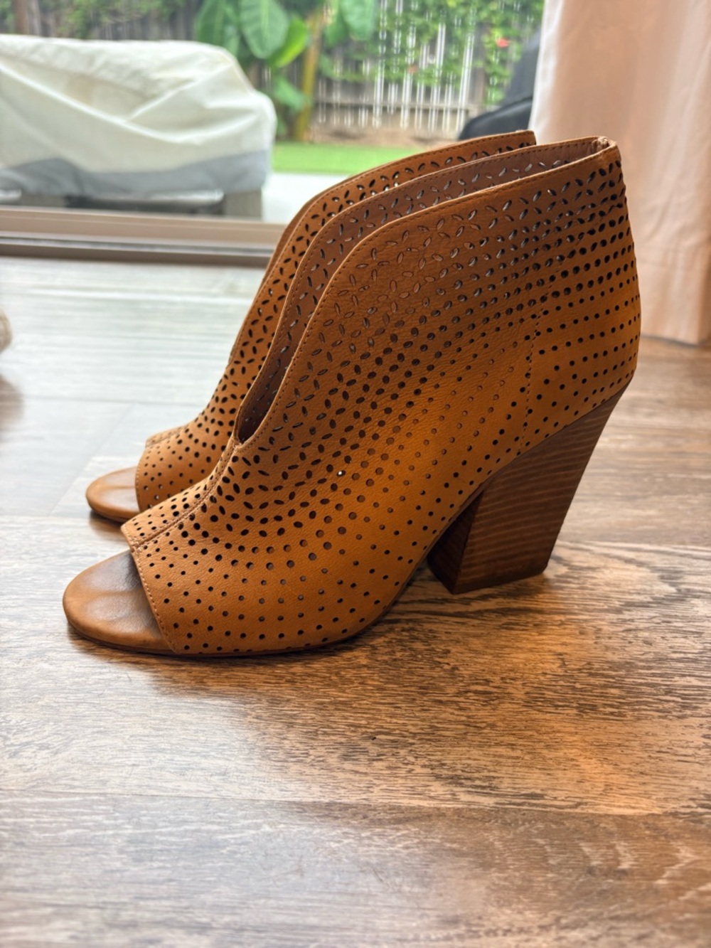 Vince Camuto Tan Perforated Peep-Toe Block Heel Booties